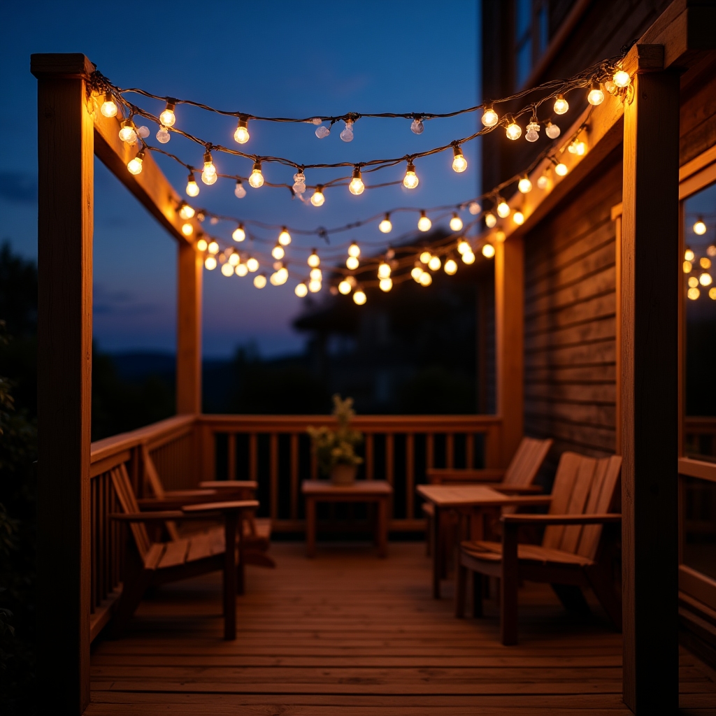 Detailaufnahme warmweiße Lichterkette mit Holzfassung auf Terrasse