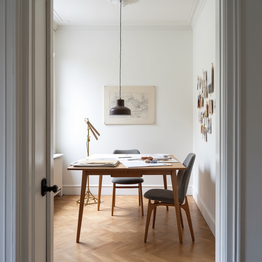 Atelier in Hamburg, Entwurfstisch mit Leuchtenmodellen und Materialmuster
