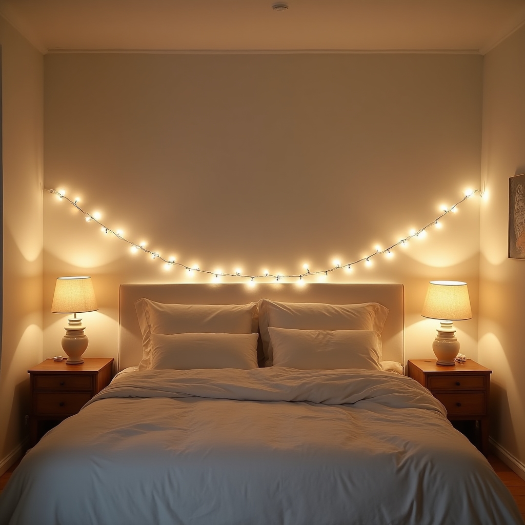 Lichterkette im Schlafzimmer, warmweiß über dem Bett