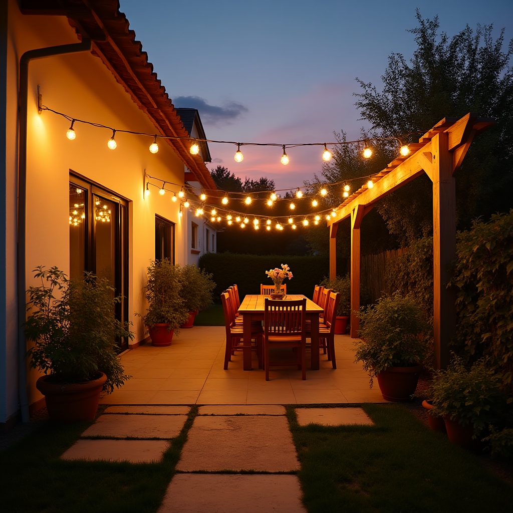 Holzterrasse am Abend mit warmweißer Lichterkette