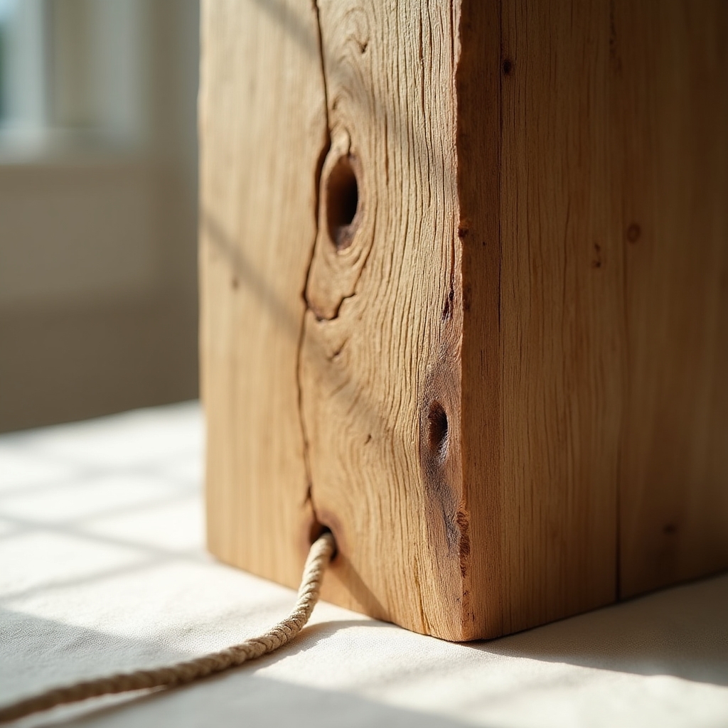 Nahaufnahme Tischleuchte mit recyceltem Eichenholzsockel und Naturleinenschirm